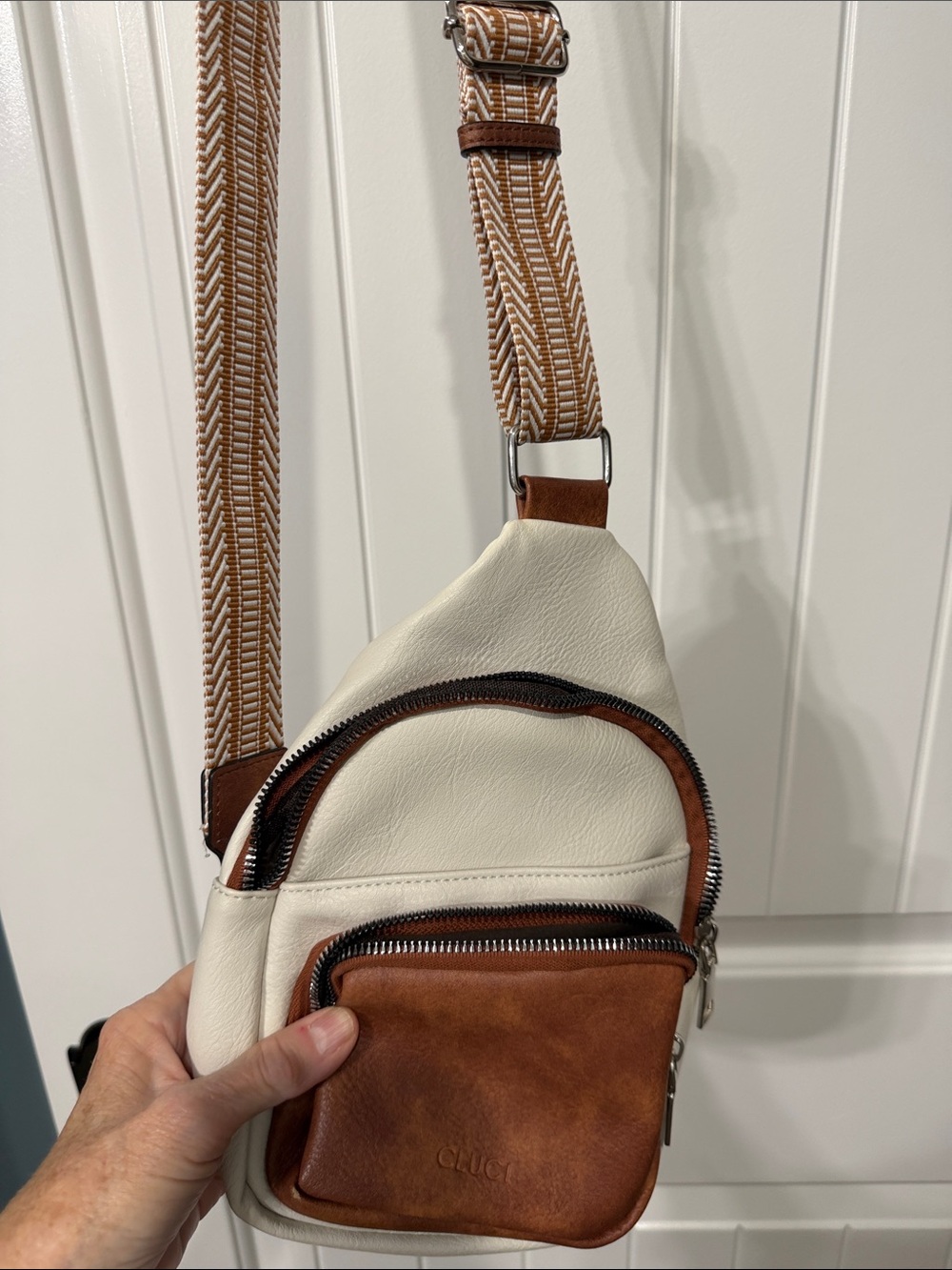 Cream & Brown Leather Crossbody Sling Bag